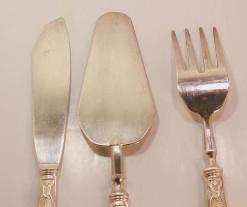 Vintage Wedding Cake Trio (Knife, Fork & Lifter) Made In Italy EPZinc in Original Box