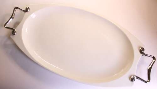 Large White Porcelain Oval Serving Platter With Stainless Steel Handles