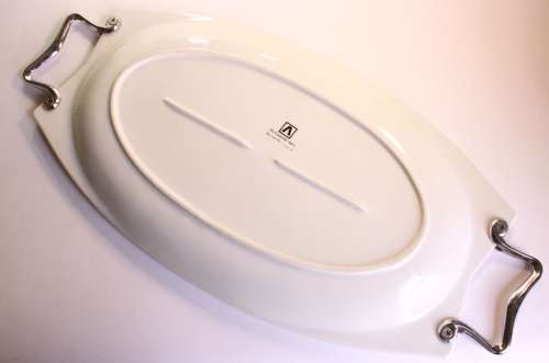 Large White Porcelain Oval Serving Platter With Stainless Steel Handles