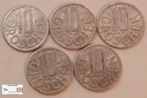 Austria 1962/4/5/6 10 Groschen (Five CoinsCirculated