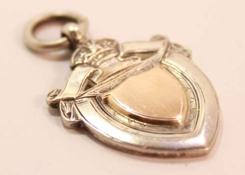 Antique 1923 Sterling Silver and Gold Fob Medal - Blank Shield - With Hallmarks