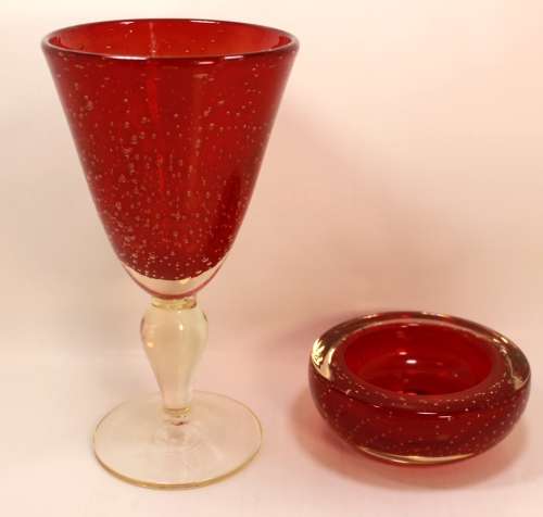 Red Goblet and Small Red Bowl Bubble or Bolle Glass