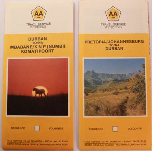 Two Vintage Folded AA Road Maps, Durban to KNP & Mbabane 1992 & PTA-JNB-DBN 1993.