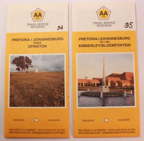 Two Vintage Folded AA Road Maps Pretoria to Upington 1994 & Pretoria to Bloemfontein 1995