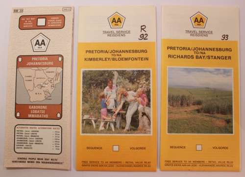 3 x Vintage Folded AA Maps Pretoria-Gaborone `90, Pretoria-Bloemfontein `92, PTA-Richards Bay `93