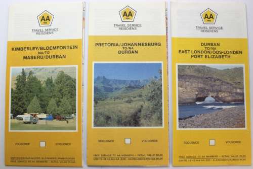 3 x Vintage Folded AA Maps Kimberley-Maseru/Durban `91, PTA/JNB-Durban `92, Durban-EL/PE `91