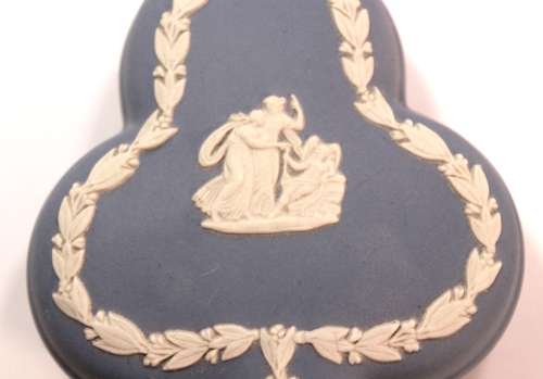 Wedgwood Blue Jasperware Club Shaped Small Ring Box `Sleeping Cupid` with Lid
