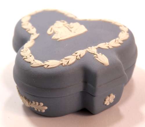 Wedgwood Blue Jasperware Club Shaped Small Ring Box `Sleeping Cupid` with Lid