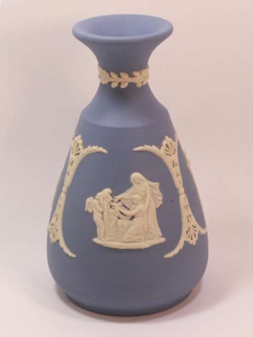 Wedgwood Blue Jasperware Bud Vase with Three Grecian Scenes