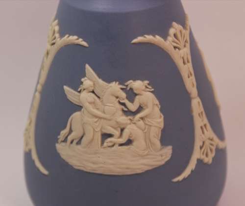 Wedgwood Blue Jasperware Bud Vase with Three Grecian Scenes