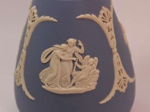 Wedgwood Blue Jasperware Bud Vase with Three Grecian Scenes