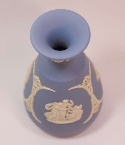 Wedgwood Blue Jasperware Bud Vase with Three Grecian Scenes