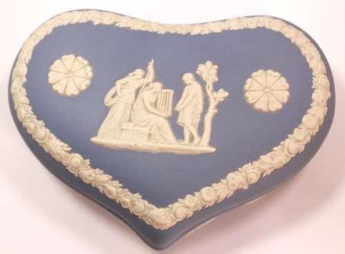 Wedgwood Blue Jasperware Heart Shaped Trinket Box `Maiden with Harp` with Lid