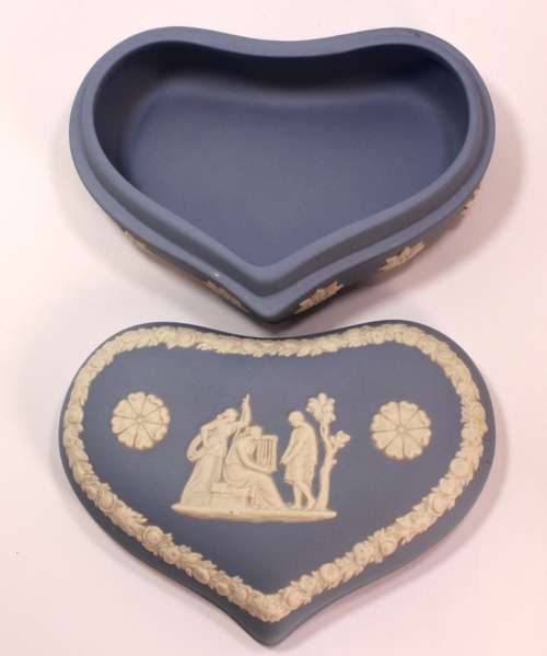 Wedgwood Blue Jasperware Heart Shaped Trinket Box `Maiden with Harp` with Lid