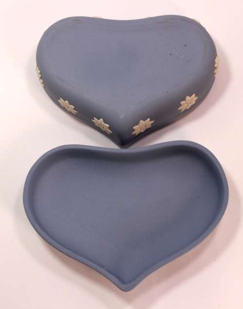 Wedgwood Blue Jasperware Heart Shaped Trinket Box `Maiden with Harp` with Lid