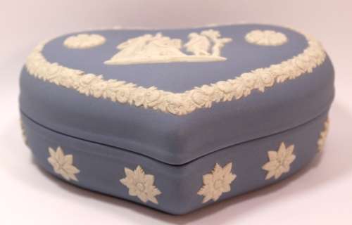Wedgwood Blue Jasperware Heart Shaped Trinket Box `Maiden with Harp` with Lid