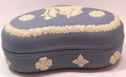 Wedgwood Blue Jasperware Heart Shaped Trinket Box `Maiden with Harp` with Lid