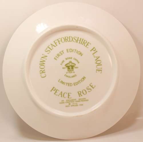 Vintage Crown Staffordshire Plaque First Edition `Peace Rose` JA Bailey Fine Bone China Plate.