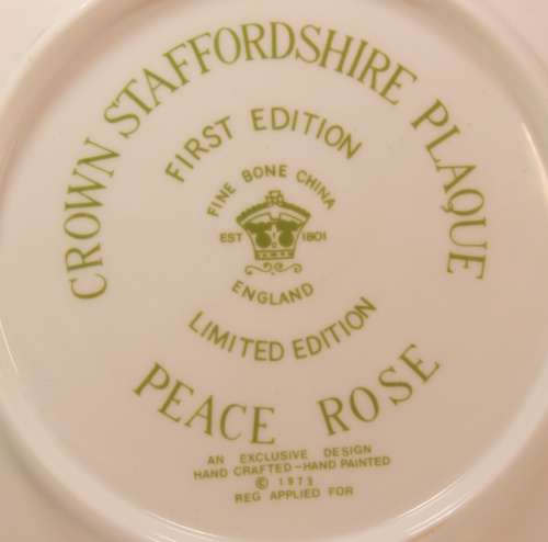 Vintage Crown Staffordshire Plaque First Edition `Peace Rose` JA Bailey Fine Bone China Plate.