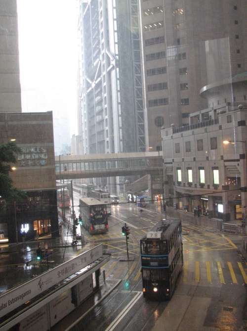 `Rainy Day Hong Kong, Trams and Buses on Des Voeux Road` Original Digital Download Stock Photo