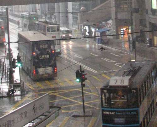 `Rainy Day Hong Kong, Trams and Buses on Des Voeux Road` Original Digital Download Stock Photo