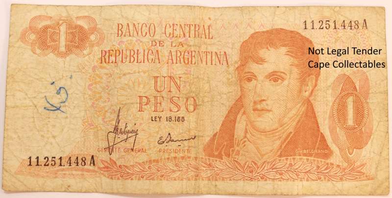 Argentina 1 Peso `Belgrano` 1970 Bank Note -With `Ley`- (Fine) Circulated