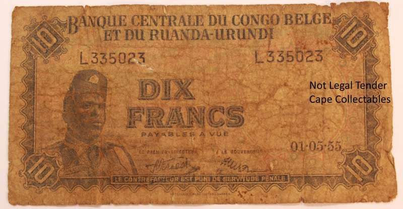 Belgian Congo & Ruanda-Urundi 10 `Dix` Francs Bank Note (Fair) Circulated