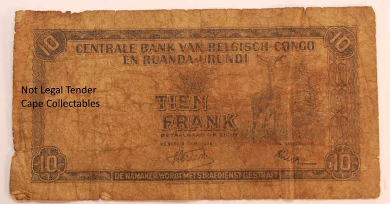Belgian Congo & Ruanda-Urundi 10 `Dix` Francs Bank Note (Fair) Circulated