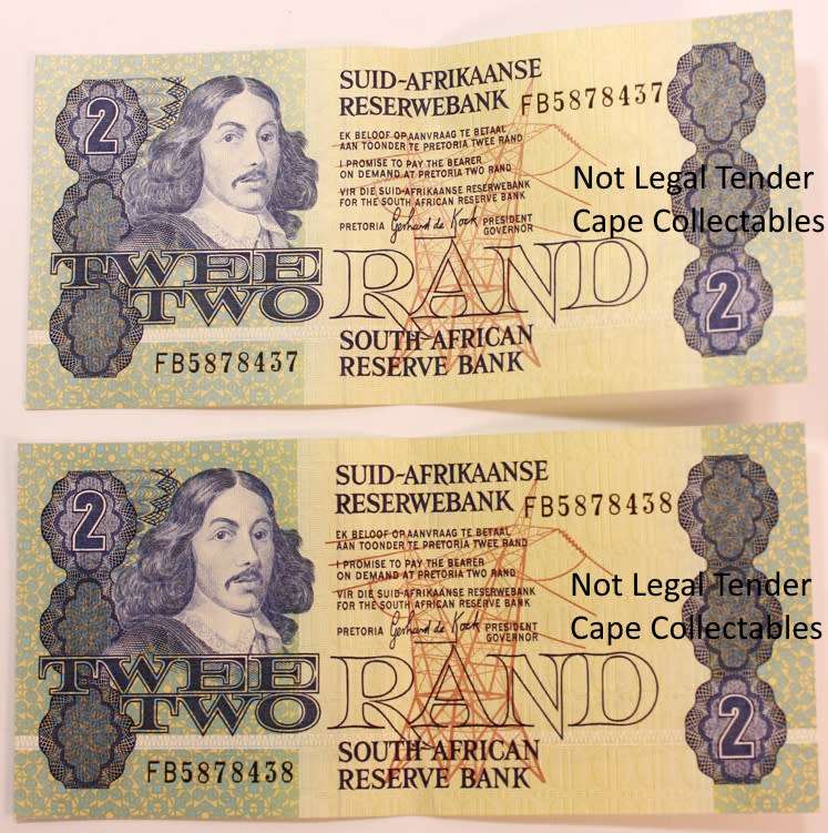 2 x South Africa 2 Rand Bank Note 1984 de Kock Circulated (Two Sequential) EF