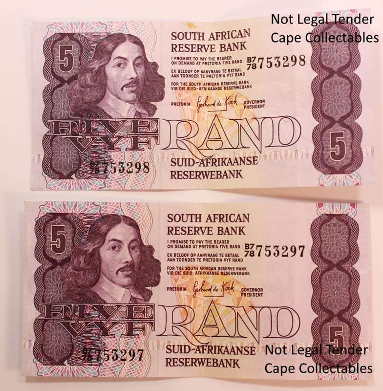 2 x South Africa 5 Rand Bank Note de Kock 1984 (Two Sequential) EF