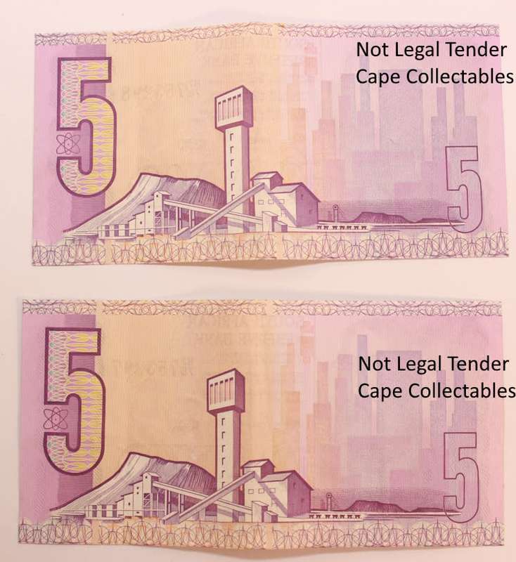 2 x South Africa 5 Rand Bank Note de Kock 1984 (Two Sequential) EF