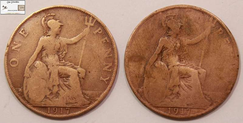 United Kingdom One Penny 2 x 1917 Coin (Two) F12 Circulated