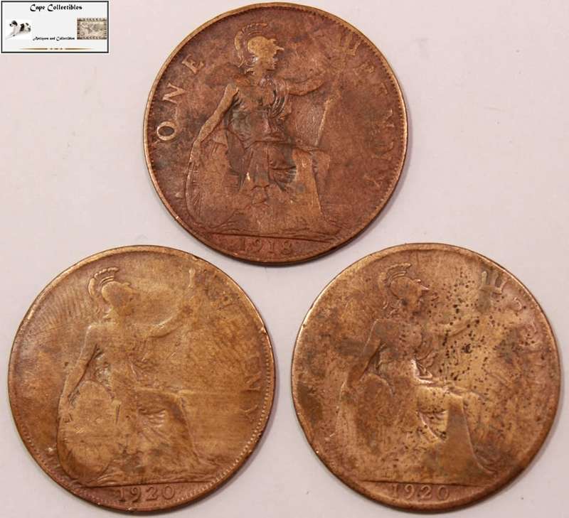United Kingdom 1 Penny 1x 1918 and 2x 1920 (Three Coins) Circulated