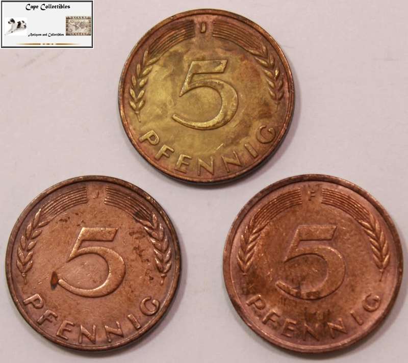 Germany 5 Pfennig 2 x 1950 and 1 x 1978 (Three Coins) Circulated