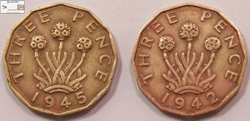 United Kingdom 3 Pence 1942 and 1945 Coins (Two Coins) Circulated