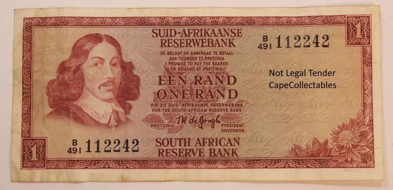 South Africa 1 Rand Bank Note JVR Watermark de Jongh 1975 Circulated Fine