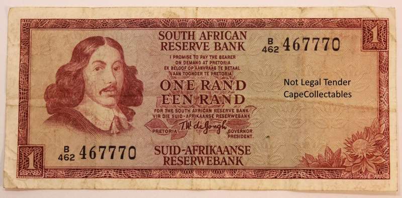 South Africa 1 Rand Bank Note JVR Watermark de Jongh 1975 Circulated Fine