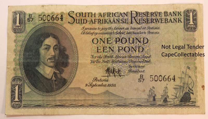 South Africa 1 Pound Bank Note JVR Watermark de Kock 1950 (Very Fine) Circulated
