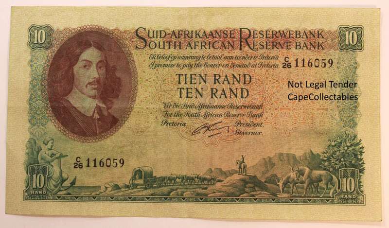 South Africa 10 Rand Bank Note JVR Watermark G Rissik 1962 XF Circulated