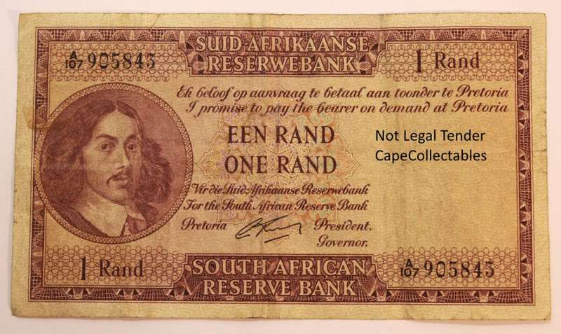 South Africa 1 Rand Bank Note JVR Watermark G Rissik 1962-1965 Very Fine Circulated