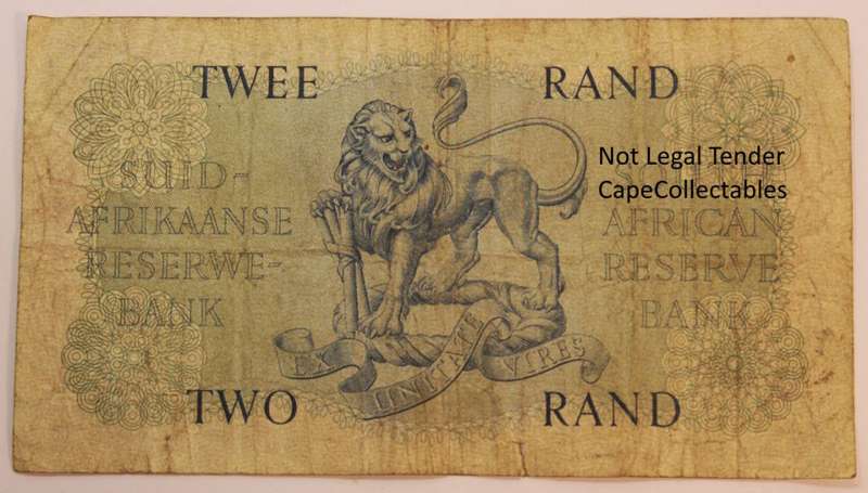 South Africa 2 Rand Bank Note JVR Watermark G Rissik 1962 (Fine) Circulated