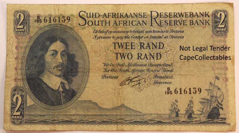 South Africa 2 Rand Bank Note JVR Watermark G Rissik 1962 (Fine) Circulated