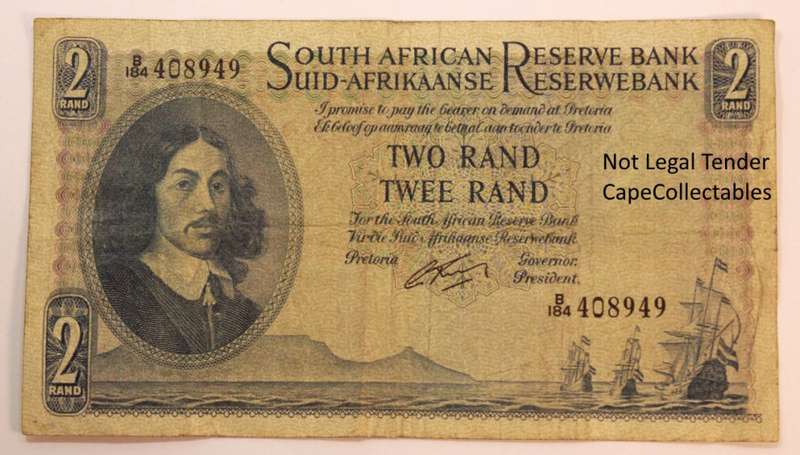 South Africa 2 Rand Bank Note JVR Watermark G Rissik 1962 (Fine) Circulated