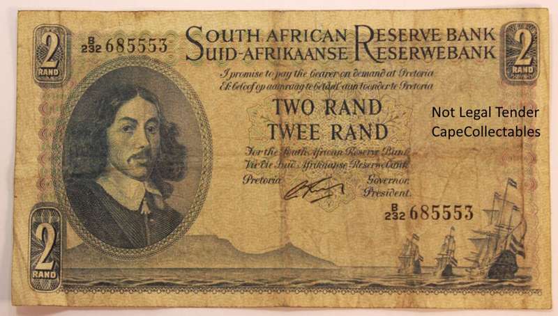 South Africa 2 Rand Bank Note JVR Watermark G Rissik 1962 (Fine) Circulated