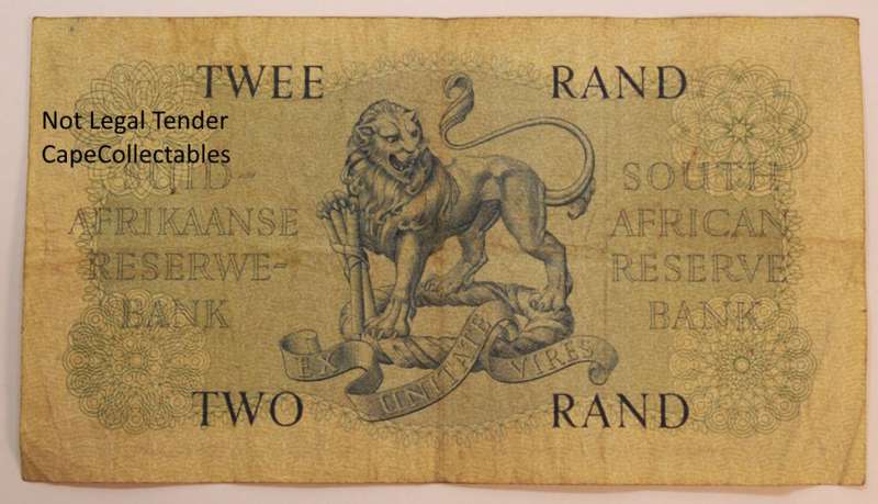 South Africa 2 Rand Bank Note JVR Watermark G Rissik 1962 (Fine) Circulated