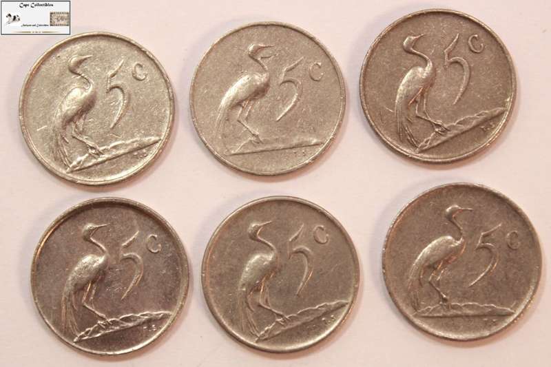 South Africa 5 Cent Coins 1965/1968/1969/1976/1982x2 (Six) Coins VF30 Circulated.