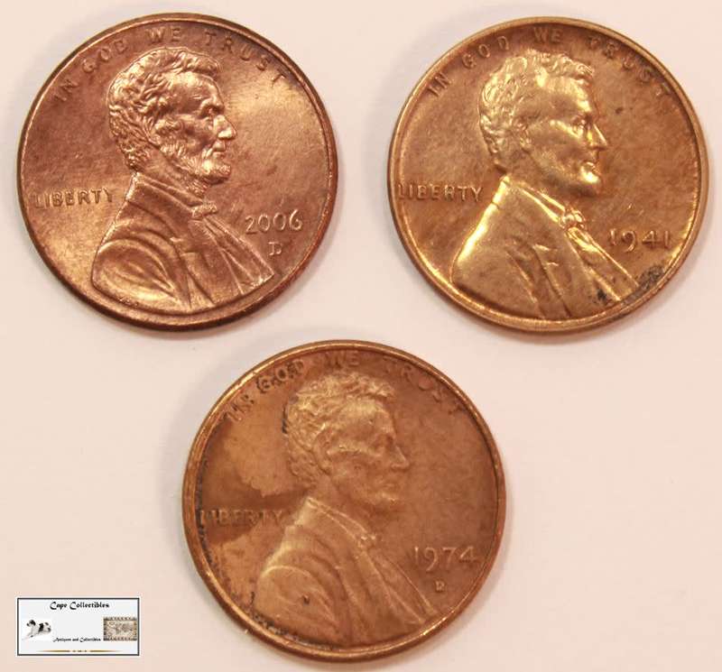 USA 1 Cent Coin 1941, 1974 & 2006 `Lincoln Memorial` ( 3 x Coins) Circulated