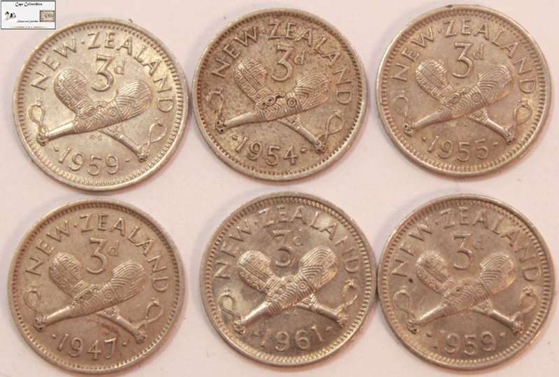 New Zealand 3 Pence Coins 1947/1954/1955/1959x2/1961 (Six Coins) Circulated