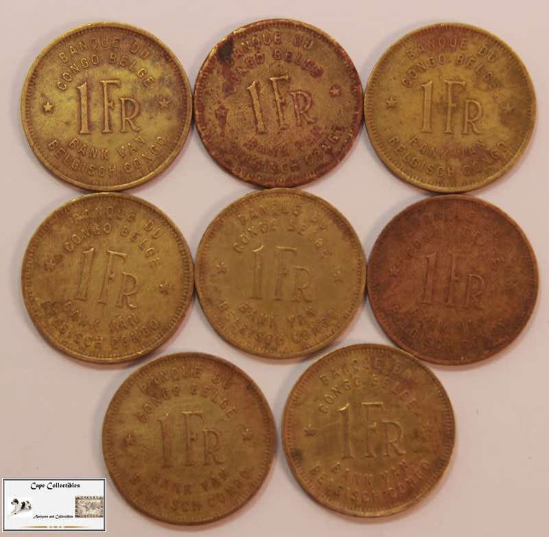 Belgian Congo 1 Franc 1946x3 and 1949x5 (Eight Coins) Circulated