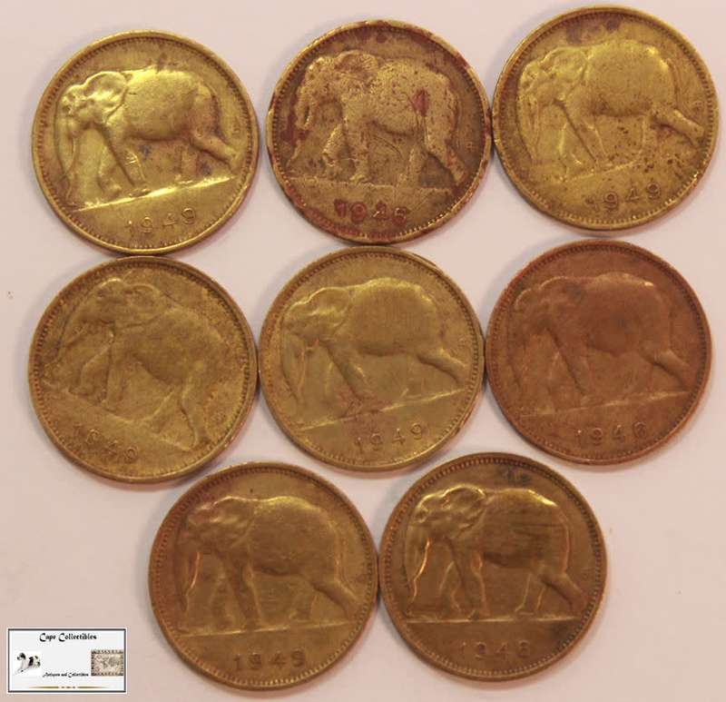 Belgian Congo 1 Franc 1946x3 and 1949x5 (Eight Coins) Circulated